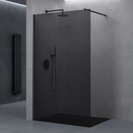 doporro Luxus Duschwand Duschabtrennung 130x200 Schwarz Walk-In Dusche mit rechteckigem Stabilisator aus Echtglas 10mm ESG-Sicherheitsglas Klarglas vollgrau inkl. Nanobeschichtung Bremen02VG
