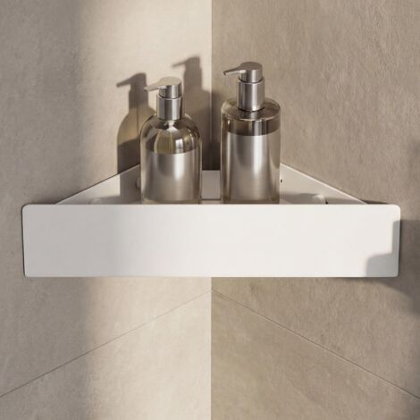 doporro Mensola Doccia Angolare in Acciaio al Carbonio, Antiruggine, Mensola Bagno Adesiva o con Foratura da Appendere per Shampoo Sapone Bagnoschiuma, Bianco Sabbia, Reglo-07