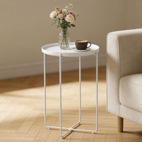 doporro Mesa Auxiliar Plegable Redonda 37 cm, Mesa de Centro con Bandeja Extraíble, Mesita de Noche Ligera sin Montaje, Metal y Plástico PP, Blanco, 1 Nivel, Reglo-08