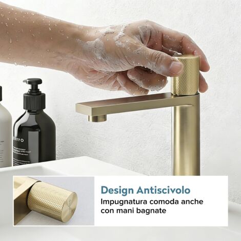 doporro Miscelatore Lavabo in Acciaio Inox 304, Finitura Oro Spazzolato, Cartuccia Ceramica, Altezza 18 cm, Aeratore Rimovibile, Fino-01