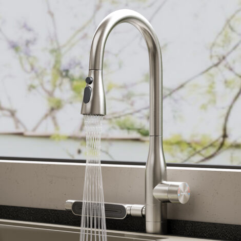 doporro Mitigeur Évier Robinet de Cuisine à Bec Extractible Rotatif 360° Mélangeur en Acier Inoxydable 304 Argent Brossé Double Commande Eau Chaude et Froide Cinq Débits d'Eau 46,9 cm Turnix-03