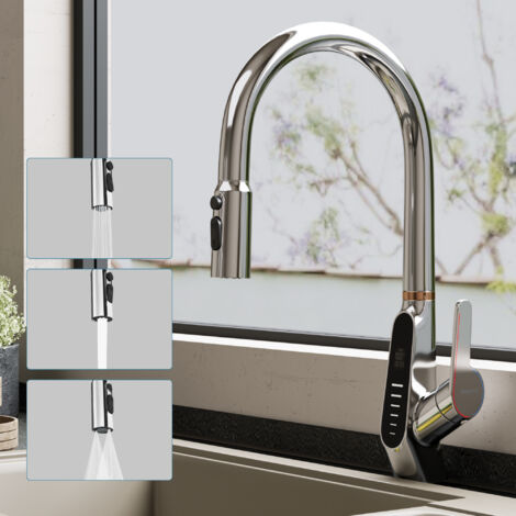 doporro Mitigeur Robinet de Cuisine à Bec Extractible Rotatif 360° Intelligent à Affichage Numérique Évier en Laiton Chromé Monocommande Eau Chaude ou Froid 43 cm MS-8085