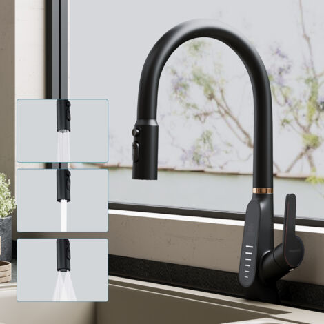 doporro Mitigeur Robinet de Cuisine à Bec Extractible Rotatif 360° Intelligent à Affichage Numérique Évier en Laiton Noir Mat Monocommande Eau Chaude ou Froid 43 cm MS-8085