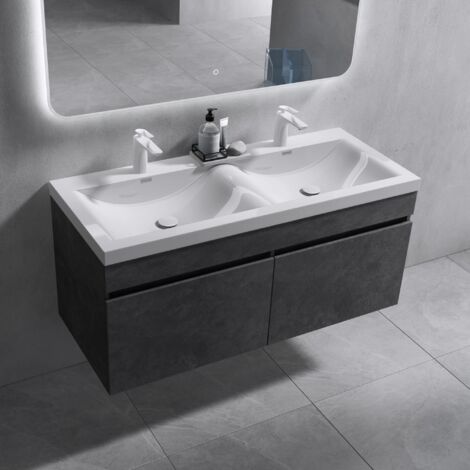 doporro Mobile Bagno sospeso 120x48x55cm, Mobiletto per Bagno con Lavabo Doppio Grigio Include Specchio LED, Seria Botanica