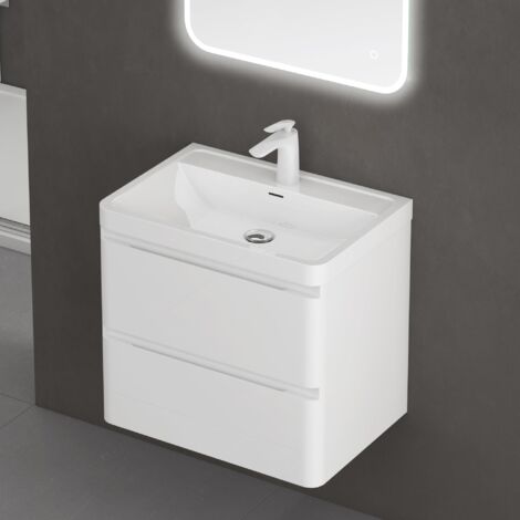 doporro Mobile Bagno Sospeso con Lavabo in Resina Minerale Set di Mobili da Bagno 90x48x50cm Bianco Mobiletto con Lavandino Bagno e 2 Cassetti Spaziosi Seria Lucca