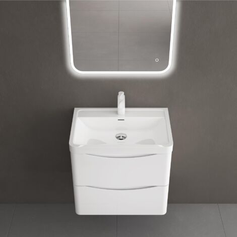 doporro Mobile Bagno Sospeso60x50x42cm, Mobile da Bagno con 2 Cassetti Include Lavabo, Bianco, Seria Smile-Lackier