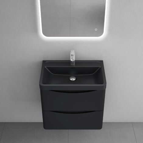 doporro Mobile Bagno Sospeso60x50x42cm, Mobile da Bagno con 2 Cassetti Include Lavabo, Nero opaco, Seria Smile-Lackier