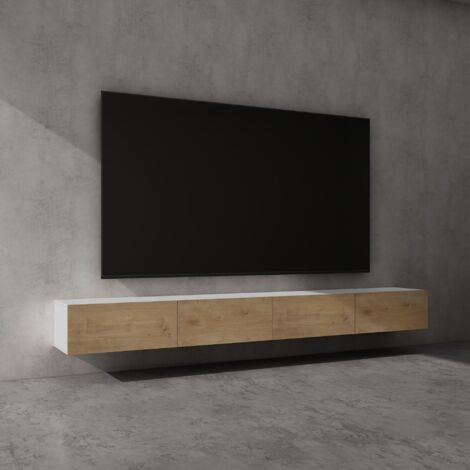 doporro Mobile Porta TV Sospeso 280 cm con 4 Ante Bianco Opaco e Marrone Chiaro, Credenza Bassa da Soggiorno Salotto, Madia Consolle Bicolore per TV Fernsehschrank02