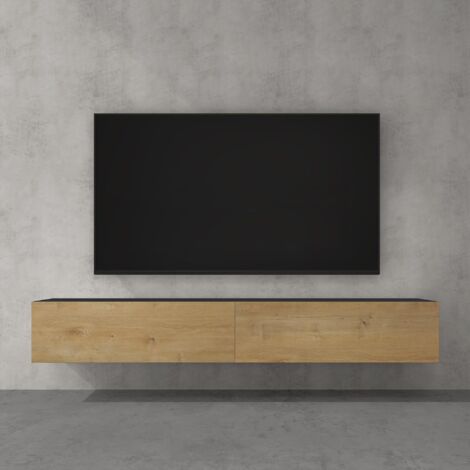 doporro Mueble de TV para Salón 200x40,2x30cm Mesa TV con Puerta Abatible hacia Abajo, en Gris Negro Mate + Marrón Claro, Mueble de TV flotante, Estante TV 02
