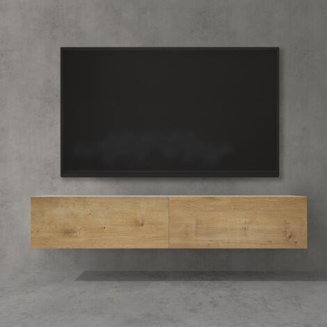 doporro Mueble de TV para Salón de 160cm en Blanco Mate y Núcleo de Roble Mesa TV, con Puerta Abatible hacia Abajo, Mueble de TV flotante, Estante TV 02