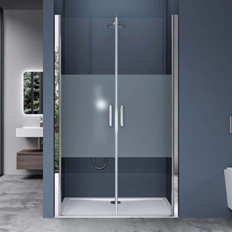 doporro Nischentür 94cm - 98cm Nischendrehtür Duschabtrennung Teramo24 195cm ESG-Sicherheitsglas Duschtür mit Milchglas-Streifen Drehtür mit Hebe- und Senkmechanismus inkl. NANO-Beschichtung