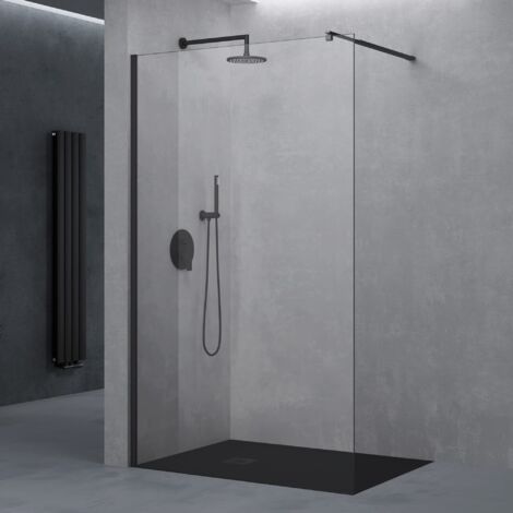 doporro Parete Doccia Walk In con Barra Stabilizzatrice Regolabile 70-120 cm e Profilo Nero Opaco, Vetro 8 mm Temperato Trasparente Anticalcare, 50x200 cm – Bremen01K