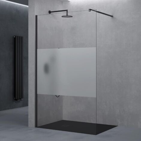 doporro Parete Doccia Walk-In in Vetro Temperato 8 mm con Striscia Satinata, Inclusa Barra Stabilizzatrice Regolabile 70-120 cm in Acciaio Inox, Profilo Nero Opaco, 150x200 cm – Bremen01MS