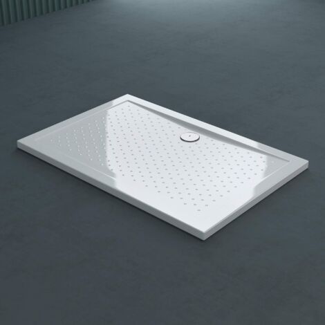 SOGOOD doporro® Plato de ducha plano diseño Faro2W 90x100x4cm de acrílico en blanco rectangular incl. válvula de desagüe adecuada para instalación a nivel del suelo y conexiones-DIN