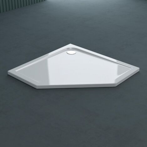 doporro Plato de ducha plano diseño Faro5W 90x90x4 acrílico en blanco pentagonal incl. válvula de desagüe AL02 adecuada para instalación a nivel del suelo y conexiones-DIN