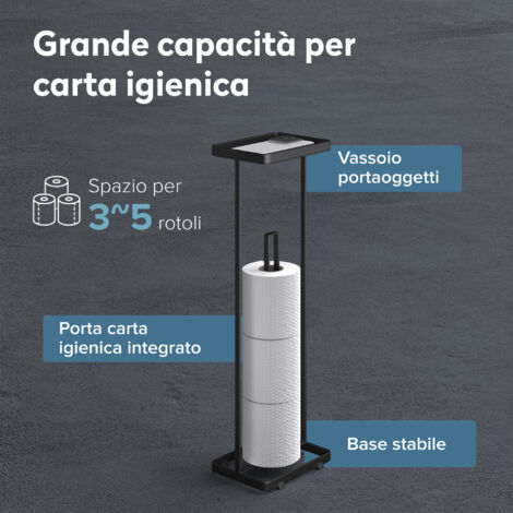 doporro Porta Carta Igienica da Terra Nero Opaco in Acciaio al Carbonio con Vassoio Portaoggetti Altezza 52 cm Reglo04