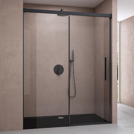 doporro Porta Doccia Scorrevole per Nicchia in Cristallo Temperato 6 mm Trasparente Anticalcare 140x195 cm con Profilo e Maniglione Nero Opaco - Teramo12K