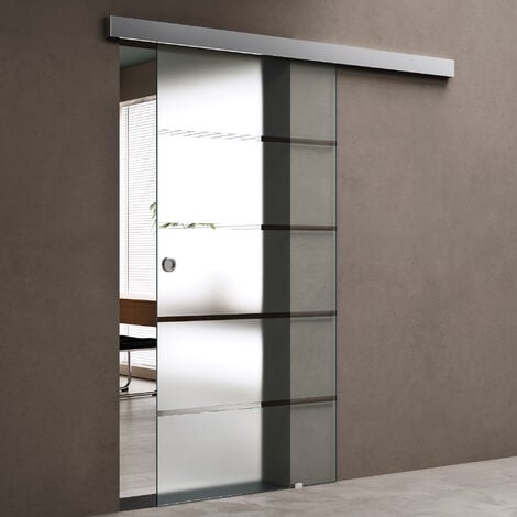 SOGOOD 90x205cm, Porte Scorrevoli con Sistema Softclose in Vetro Satinato con Strisce Trasparenti con Maniglia Rotonda, Amalfi TS11-900SC MSMG