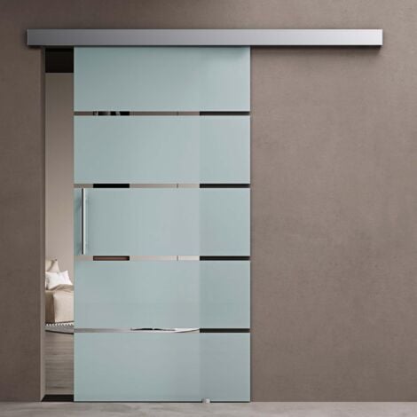 doporro Porta Scorrevole in Vetro 90x205cm, Porte Scorrevoli in Vetro Satinato con Strisce Trasparenti con Maniglia Per Asta per Bagno Cucina Studio Ufficio, Amalfi TS13-900 MSLG