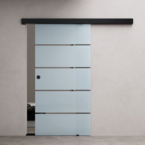 DOPORRO 77.5x215cm, Porta Scorrevole con Sistema Softclose in Vetro Satinato 8mm in 5 Strisce con Binario e Maniglia Rotonda, Nero, Amalfi-plus 11H