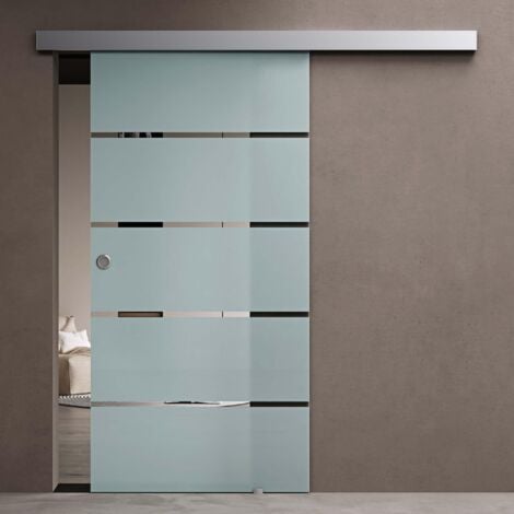 doporro Porta Scorrevole in Vetro Esterno Muro con Binario 102,5 x 215 cm, Vetro Satinato Opaco con Righe Trasparenti 8 mm, Porte Interne Scorrevoli per Bagno Cucina Studio Amalfi-plus 11H