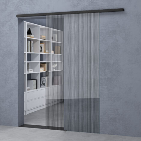 doporro Porte Coulissante en Verre pour L'intérieur sur Rail 77,5 x 205cm Verre de Sécurité Noir Poignée Aluminium Barre Porte Glissante avec Amortisseur Muranino-001