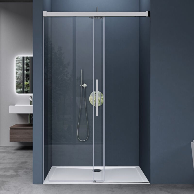 Porte de Douche Coulissante avec Amortisseur 140x195cm pour Niche 140 Profilé Chrome Verre de Sécurité Transparent avec Revêtement Anti-calaire