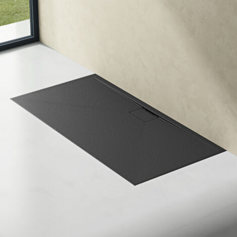 doporro Receveur de Douche Bac à Douche Ultra Plat en Solid Surface Gris Noir Mat Geoma07 100x160x3 cm avec Bonde AL06