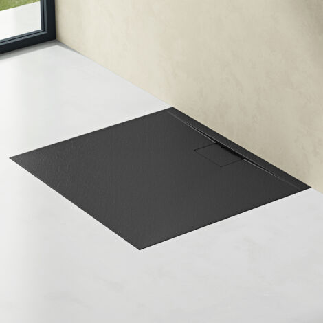 doporro Receveur de Douche Bac à Douche Ultra Plat en Solid Surface Gris Noir Mat Geoma07 80x100x3cm