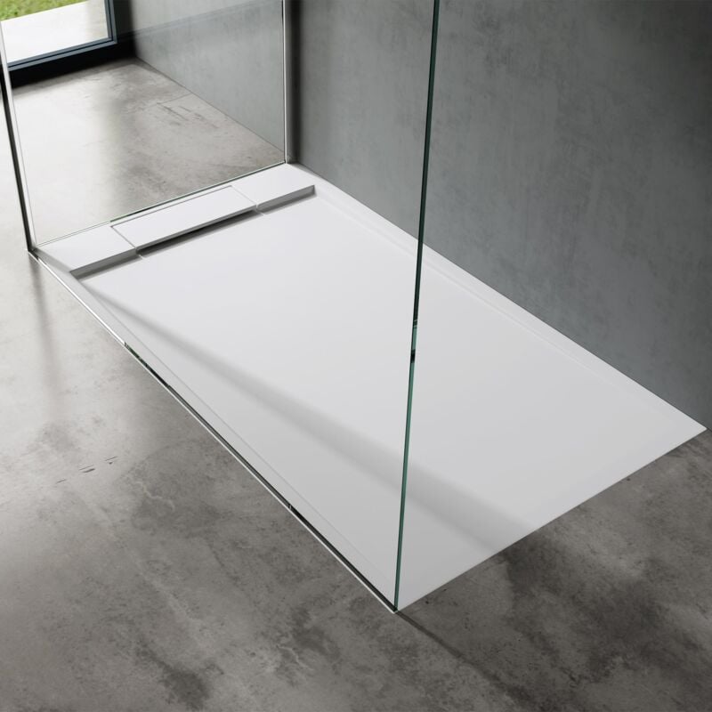 Doporro - Receveur de Douche Design Ultra Plat 4 cm Bac à Douche Rectangulaire en Solid Surface Blanc Mat Geoma04 90x140x4 cm avec Bonde AL01