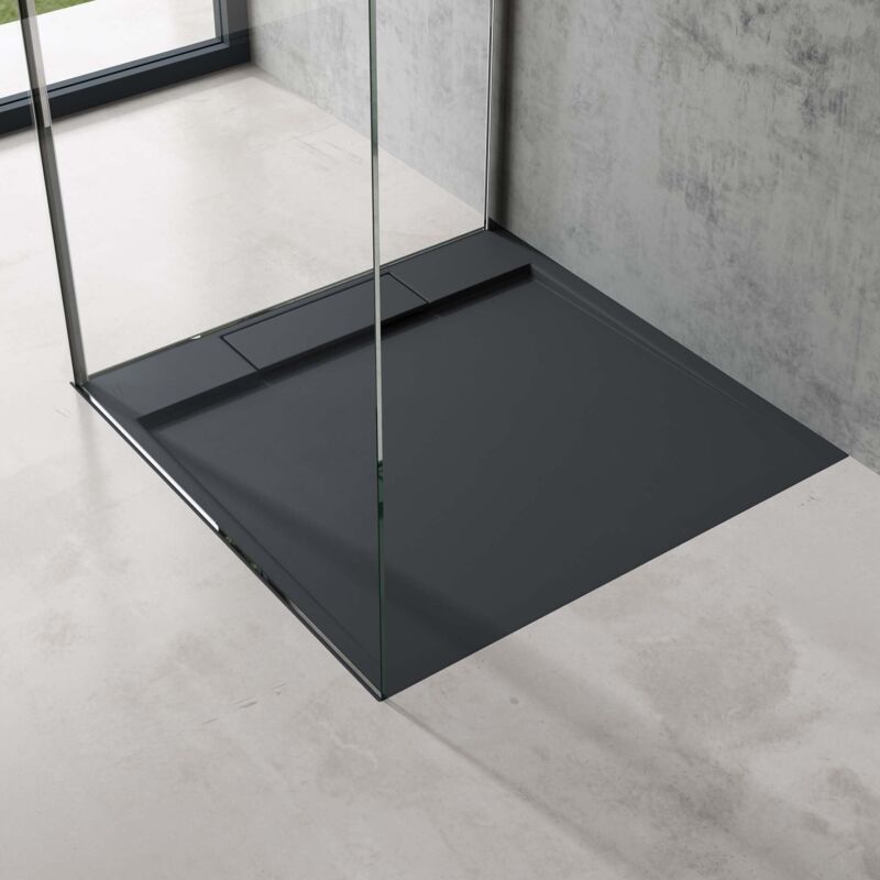Receveur de Douche Design Ultra Plat 4 cm Bac à Douche Carré en Solid Surface Gris Noir Mat Geoma04 100x100x4 cm - Doporro