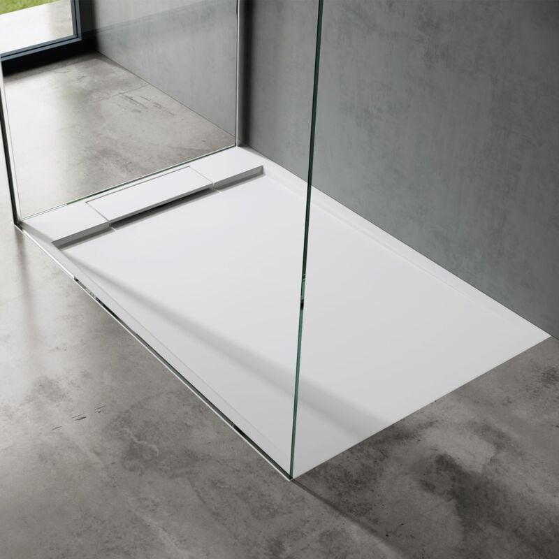 doporro Receveur de Douche Design Ultra Plat 4 cm Bac à Douche Rectangulaire en Solid Surface Blanc Mat Geoma04 90x120x4 cm