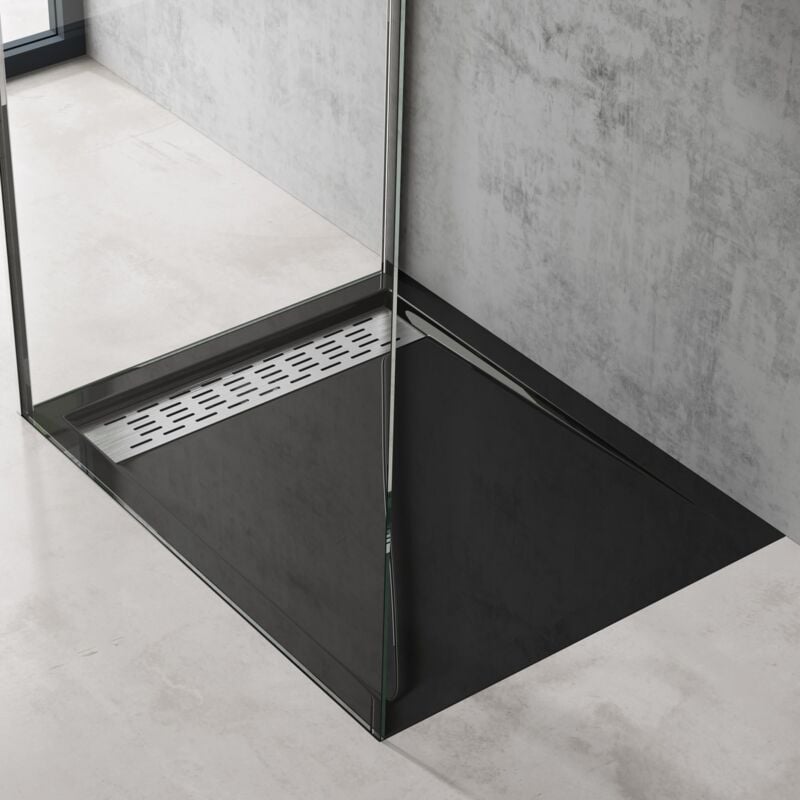 Doporro - Receveur de Douche Noir Bac à Douche Extra Plat Rectangulaire en Acrylique 80x100x5cm + Bonde AL02 Design Xetro04