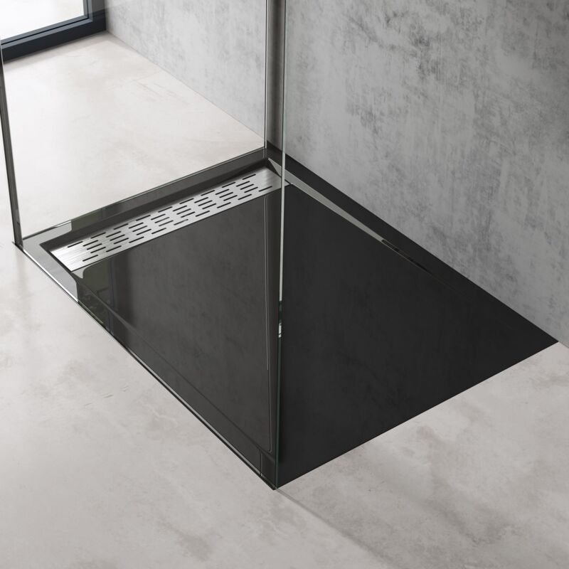 doporro Receveur de Douche Noir Bac à Douche Extra Plat Rectangulaire en Acrylique 80x120x5cm + Bonde AL02 Design Xetro04