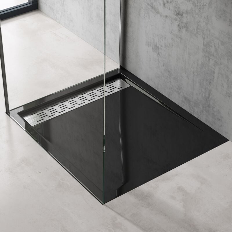 Doporro - Receveur de Douche Noir Bac à Douche Extra Plat Rectangulaire en Acrylique 80x90x5cm + Bonde AL02 Design Xetro04