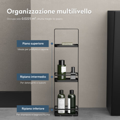 doporro Scaffale da Pavimento per Bagno Nero a 3 Ripiani Organizer Toilette in Acciaio al Carbonio 18 x 12,5 x 67,3 cm Reglo02