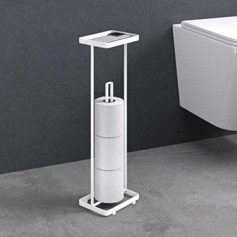 doporro Soporte de Papel Higiénico de Pie, Sin Instalación, Acero al Carbono, Almacenamiento para 3-5 Rollos, Repisa Superior Antideslizante, Base Antideslizante, Blanco Mate, Reglo-04