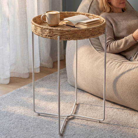 doporro Table d’Appoint Ronde de Rangement Étagère de Sol en Acier au Carbone Table Basse Décorative Plateau Amovible en Corde de Papier 37×55 cm Blanc Reglo-08