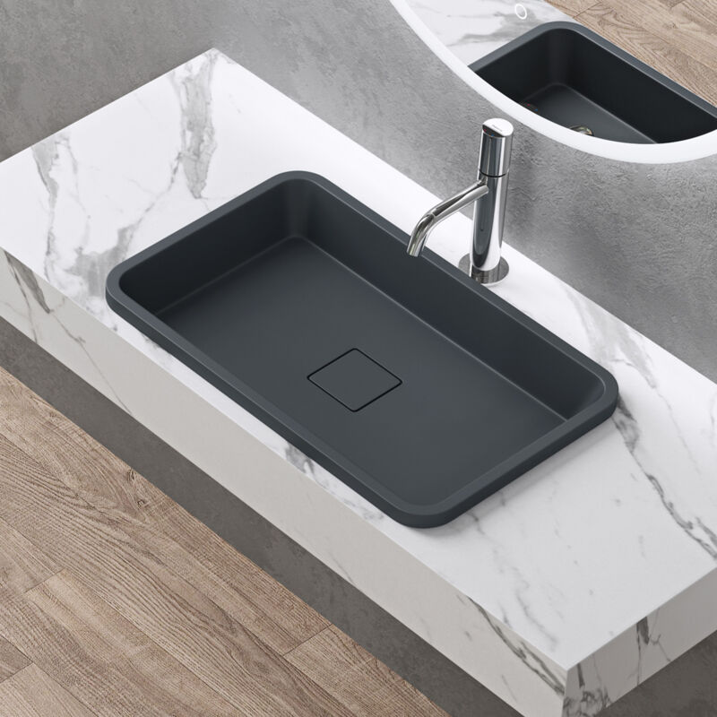 doporro Vasque à Encastrer Lavabo Gris Noir Anthracite Mat 60cm Lave Mains Rectangulaire avec Cache Bonde et Bonde 60x38x12cm Colossum104