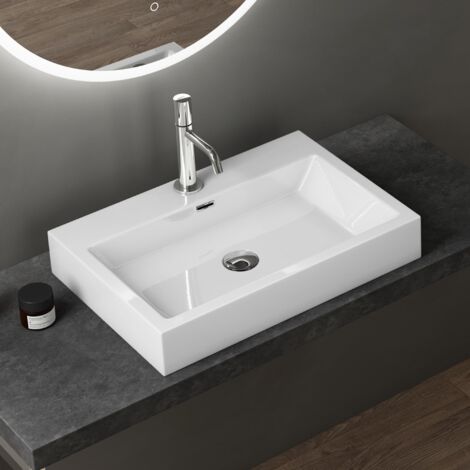 Doporro – Vasque à poser 60cm rectangulaire blanc – Fonte minérale solid surface – Dimensions 60x42x10cm – Trop-plein et perçage inclus - Colossum06
