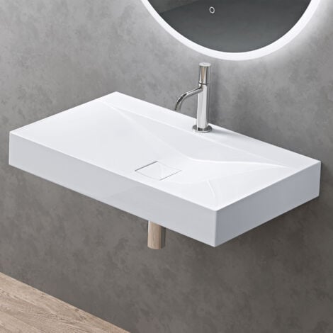 doporro Vasque à Poser 80 cm Lavabo Suspendu Blanc avec Bonde Colossum810 Fonte Minérale Solid Surface 80x48x12cm
