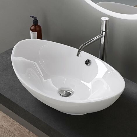 Doporro – Vasque à poser blanche en céramique ovale 59x38,3x19,2cm – Lave mains avec trop-plein – Installation sans perçage pour robinet - Bruxelles818