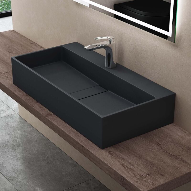 Vasque à Poser Lavabo de Salle de Bains Suspendu Lave Mains avec Cache Bonde et Bonde Colossum6028 Gris Noir Mat 80x40x14cm - Doporro