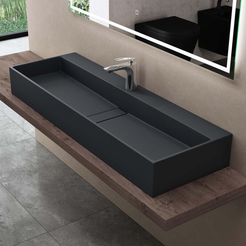 Vasque à Poser Gris Noir Mat Lavabo de Salle de Bains Suspendu 100cm Lave Mains Rectangulaire avec Cache Bonde et Bonde Colossum6028 - Doporro