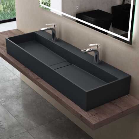 Doporro – Vasque à poser 120 cm en solid surface gris noir mat – Rectangulaire suspendue avec cache bonde – Facile à nettoyer et résistante aux taches - Colossum6028