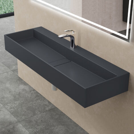 Doporro – Vasque à poser rectangulaire 120x40cm – Fonte minérale solid surface – Lavabo suspendu gris noir mat sans trop plein – Montage rapide - Colossum6028