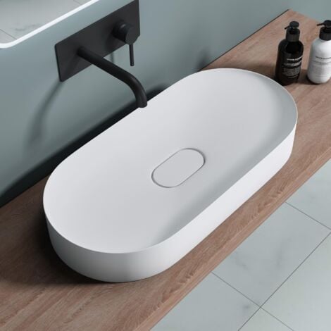 doporro Vasque à Poser Ovale Blanc Mat Lavabo de Salle de Bains Évier 70x35,5x10cm Lave Mains avec Cache Bonde Colossum826