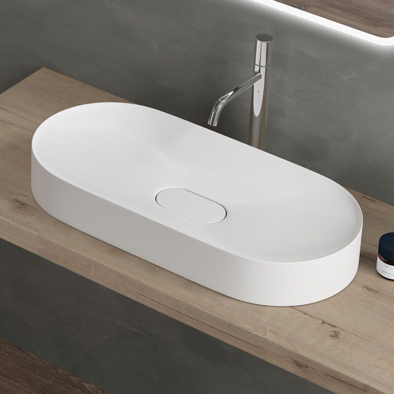 Doporro - Vasque à Poser Ovale Blanc Mat Lavabo de Salle de Bains Évier 70x35,5x10cm Lave Mains avec Cache Bonde Colossum826