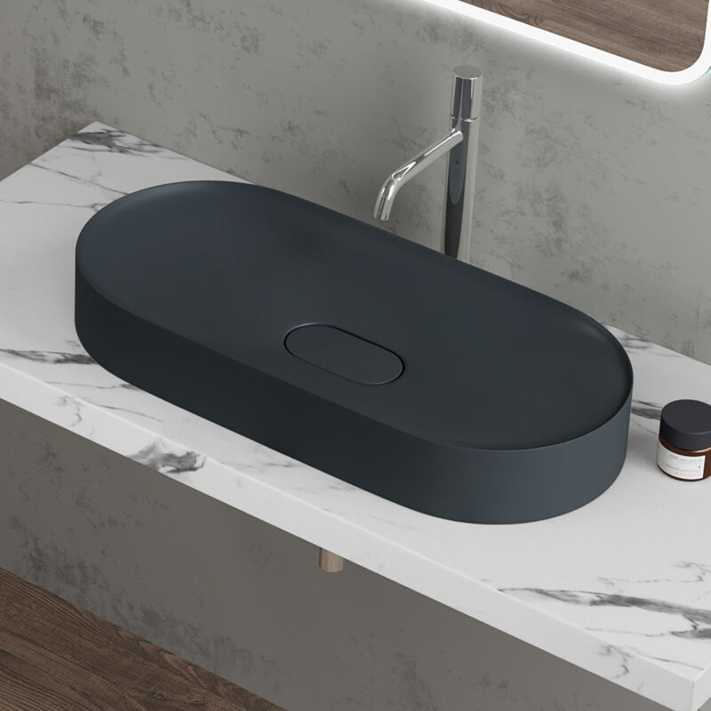 Vasque à Poser Ovale Gris Noir Lavabo de Salle de Bains Évier 70,5x35,5x10cm Lave Mains avec Cache Bonde Colossum826 - Doporro