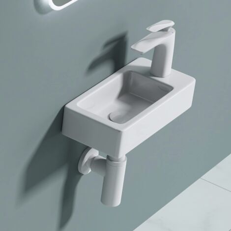 Doporro – Vasque à suspendre sans trop-plein 37,5x18x8,8 cm – Céramique blanche – Installation murale – Perçage pour robinet à droite - Bruxelles3053L